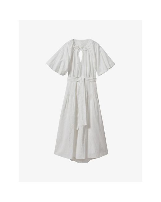 Reiss Gray Alice Puff-sleeve Belted-waist Linen And Cotton-blend Midi Dress