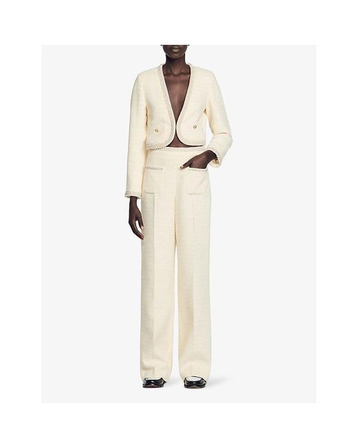 Sandro White Rhinestone-embellished Wide-leg Mid-rise Cotton-blend Trousers