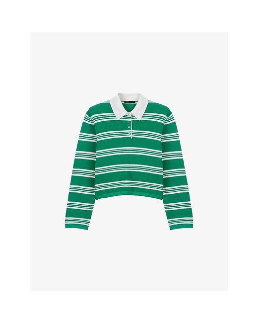 Maje Green Striped Cropped Cotton-Blend Polo Jumper
