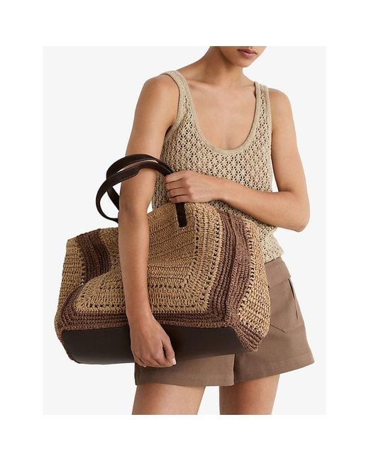 Reiss Brown Rosie Two-Tone Raffia Tote Bag
