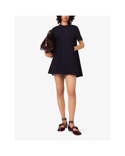 Maje Blue Flared Short-Sleeve Stretch-Crepe Mini Dress