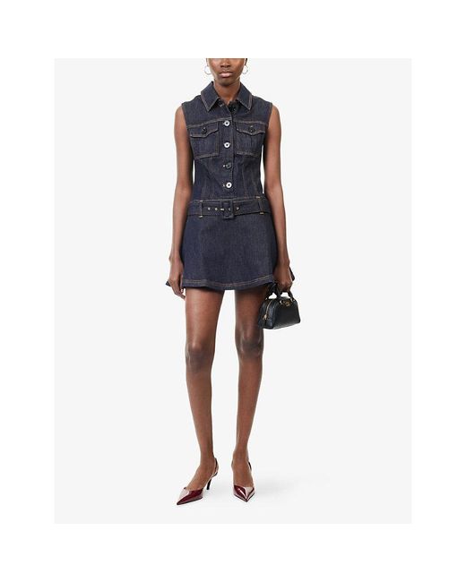 Self-Portrait Blue Flared Sleeveless Stretch-Denim Blend Mini Dress