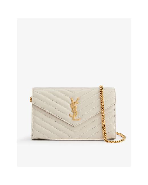 Saint Laurent Natural Logo-plaque Quilted-leather Wallet On Chain