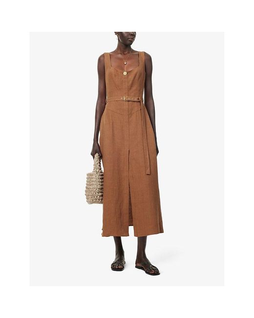 LeKasha Brown Scoop-neck Belted Linen Midi Dress