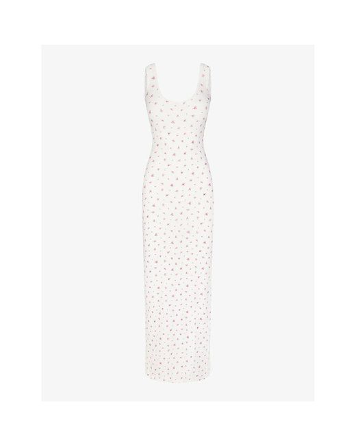 Skims White Soft Lounge Floral-print Lace-trim Stretch-woven Maxi Dress