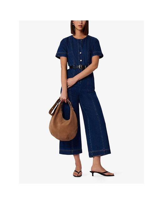 Whistles Blue Short-Sleeve Cropped Denim Jumpsuit