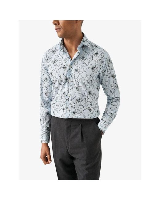 Eton of Sweden Blue Floral-Print Contemporary-Fit Cotton-Twill Shirt for men