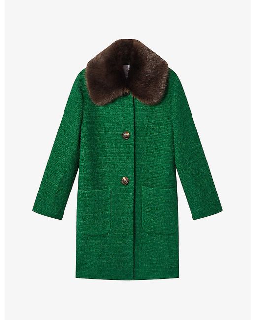 L.K.Bennett Green Aster Faux Fur-collar Cotton And Wool-blend Coat