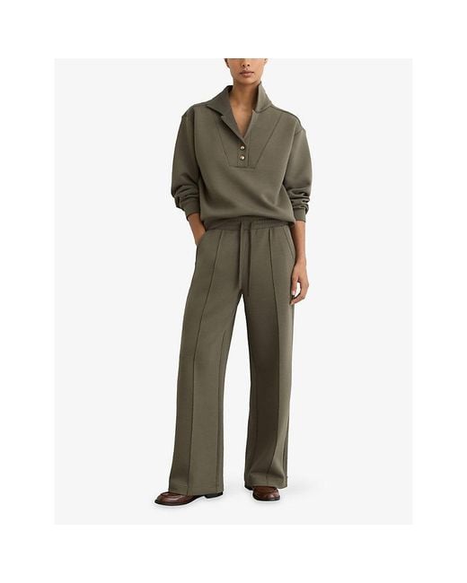 Reiss Green Bella Button-Neck Stretch-Jersey Sweatshirt
