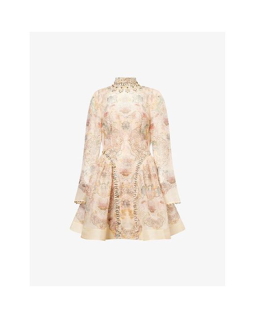 Zimmermann Natural Rebellion Beaded Linen And Silk Mini Dress