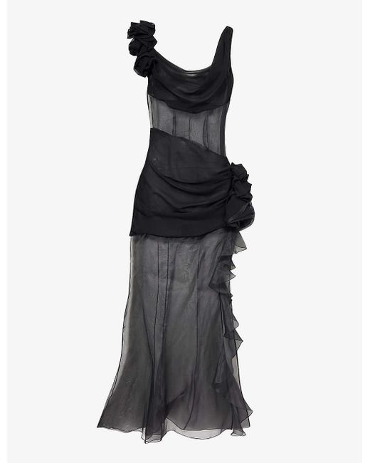 Alessandra Rich Black Organza Floral-embellished Ruffled Silk Maxi Dress