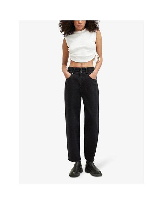 AllSaints Black Hailey Elasticated-waist Frayed-hem Denim Jeans