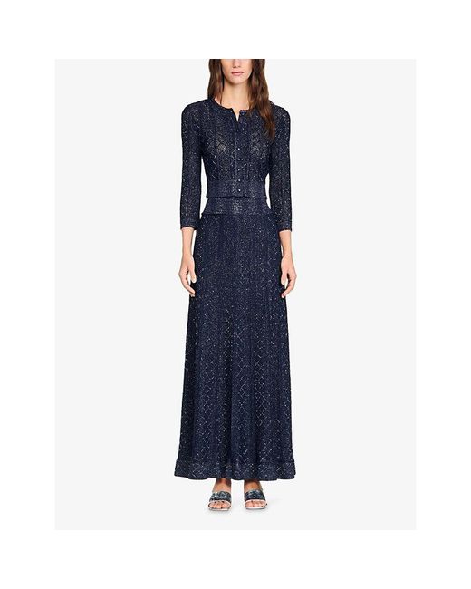 Sandro Blue Flared Rhinestone-Knit Maxi Skirt