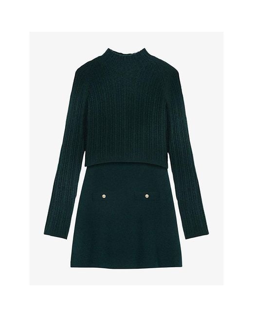 Maje Green Removable-Jumper Long-Sleeve Knitted Mini Dress