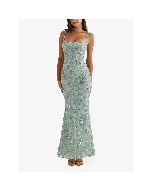 House Of Cb Green Naima Embellished Mesh Maxi Dress
