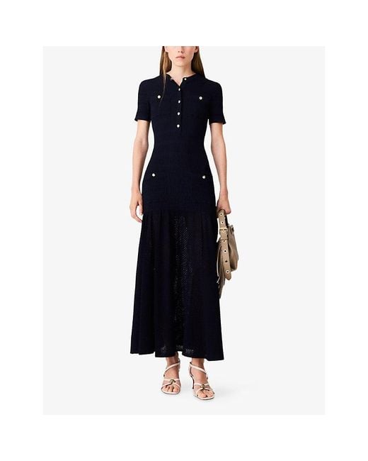Maje Black Pointelle Short-Sleeve Stretch-Knit Maxi Dress