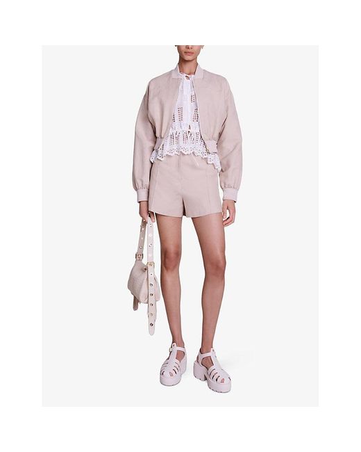 Maje Pink Ribbed-neck Cropped Cotton And Linen-blend Bomber Jacket