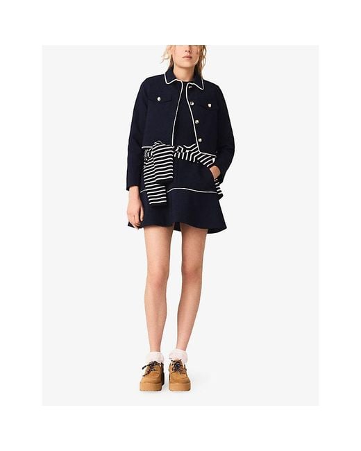 Maje Blue Contrast-Trim Cropped Cotton-Blend Jacket