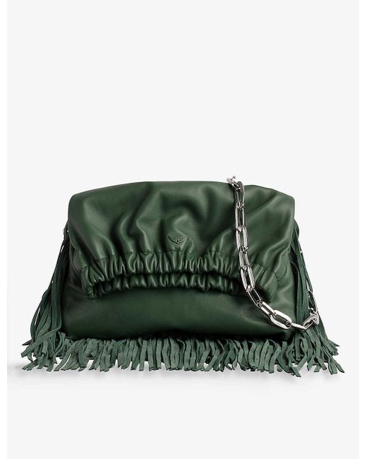 Zadig & Voltaire Green Rockyssime Fringe-embellished Leather Shoulder Bag