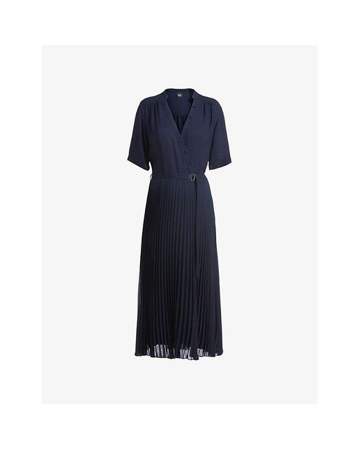 Boss Blue V-Neck Pleated-Skirt Woven Midi Dress