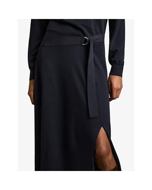 Reiss Blue Alina Belted Compact-Knit Midi Dress