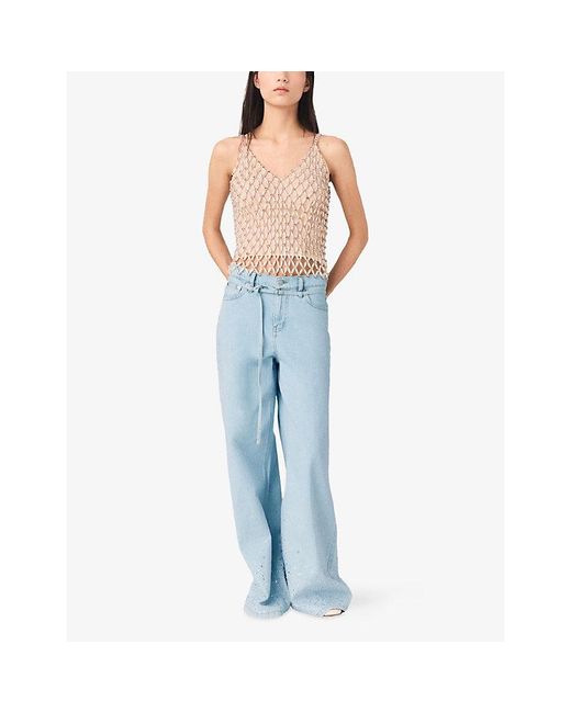 Maje Natural Beaded V-Neck Stretch-Woven Cami Top