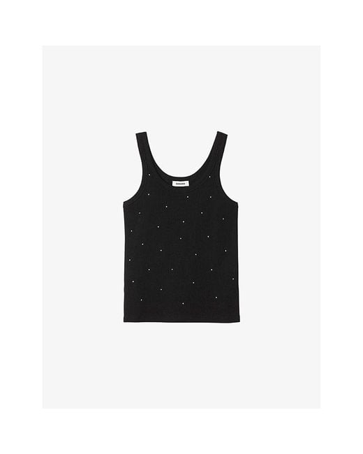 Sandro Black Rhinestone-Embellished Round-Neck Stretch-Cotton Tank Top