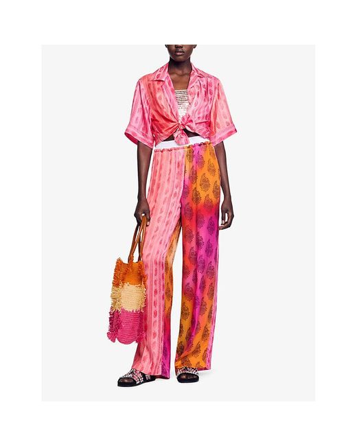 Sandro Pink Dual Graphic-print Wide-leg Mid-rise Woven Trousers