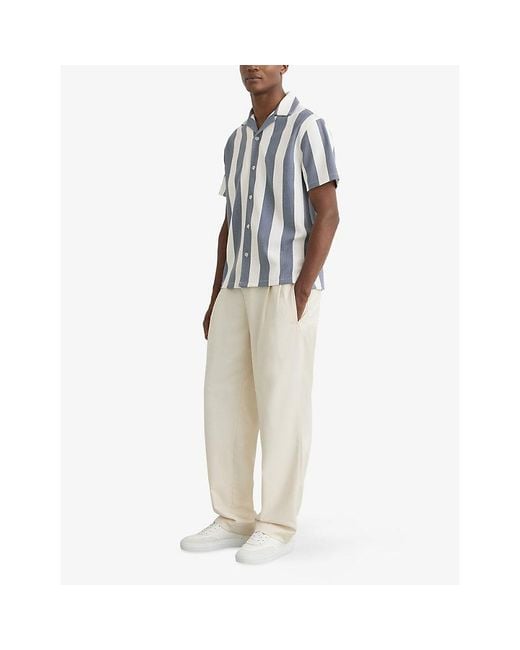 Reiss Blue Dexter Cuban-Collar Block-Stripe Stretch-Woven Shirt for men