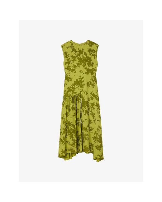Whistles Green Floral-Print Asymmetric-Hem Woven Midi Dress
