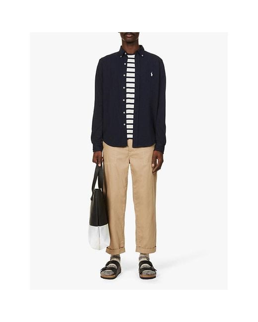 Polo Ralph Lauren Blue Long-Sleeved Logo-Embroidered Slim-Fit Cotton Shirt for men