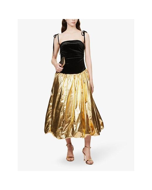 Amy Lynn Natural Straight-Neck Metallic Velvet Midi Dress