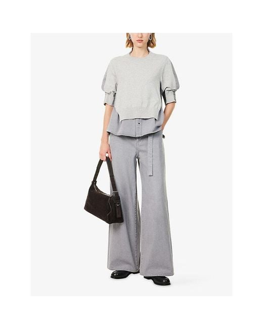 Sacai Gray Short-Sleeve Layered Cotton-Knit And Denim Top