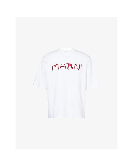 Marni White Logo-Flock Crewneck Cotton-Jersey T-Shirt for men
