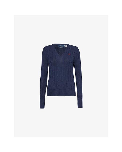 Polo Ralph Lauren Blue V-Neck Logo-Embroidery Cotton-Knit Jumper