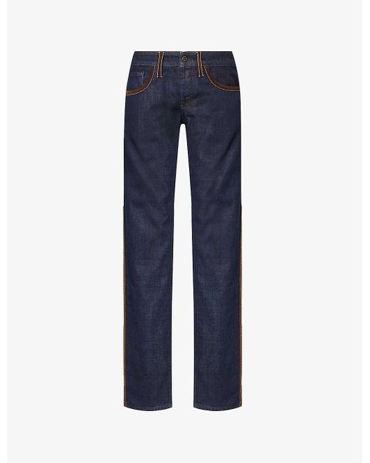 Miu Miu Blue Contrast-trim Brand-embroidered Mid-rise Straight-leg Jeans