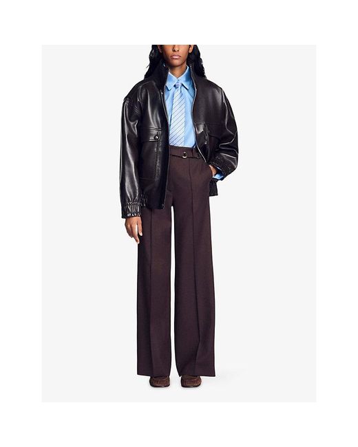 Sandro Brown Straight-Leg High-Rise Belted Wool-Blend Trousers