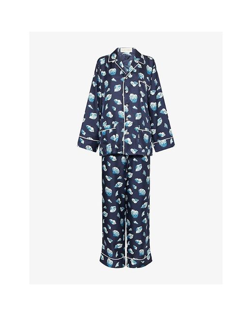 Olivia Von Halle Blue Yves Seashell Silk-Twill Pyjamas