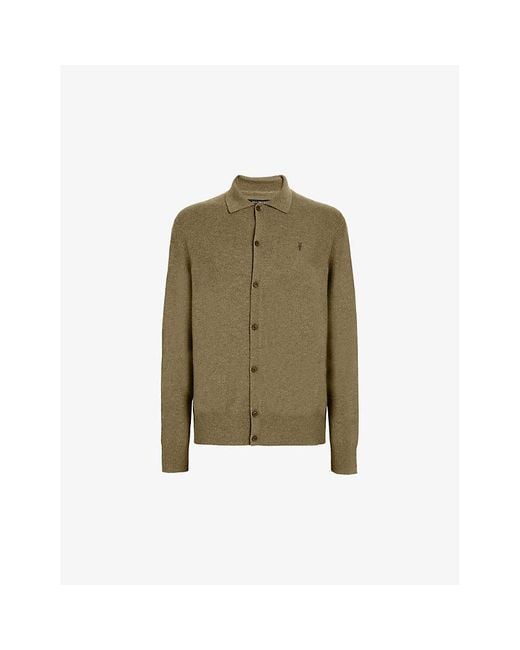AllSaints Green Kilburn Ramskull-embroidered Wool And Recycled Polyamide-blend Cardigan for men