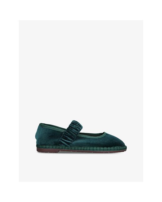 Flabelus Green Mafalda Scrunched-Strap Cotton-Velvet Ballet Flats