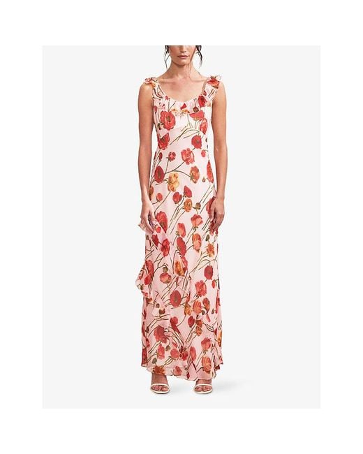 Ro&zo Red Poppy-Print Frill-Neck Woven Maxi Dress