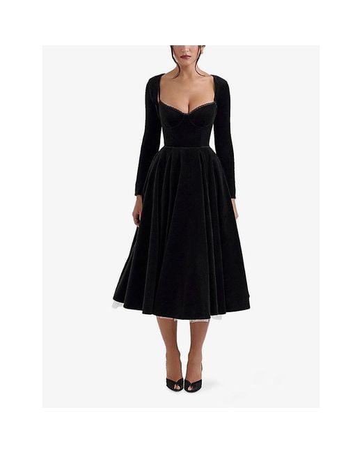 House Of Cb Black Mademoiselle Floral-Print Stretch Cotton-Blend Midi Dress Xs (A-C Cup)