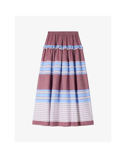 Sandro Red Stripe-Pattern Cotton Maxi Skirt
