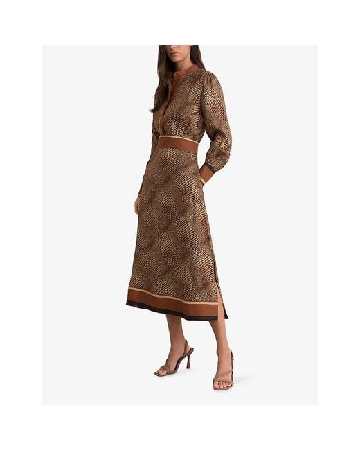 Reiss Brown Leia Animal-Print Midi Woven Dress