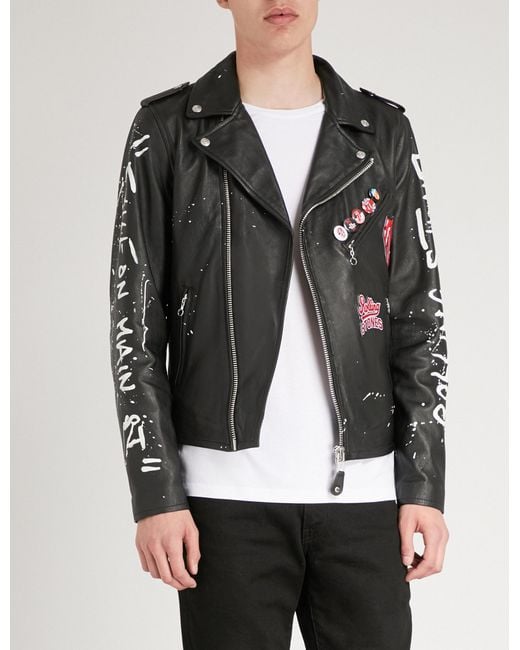 Schott Nyc Black The Rolling Stones X Printed Painted Leather Biker Jacket for men