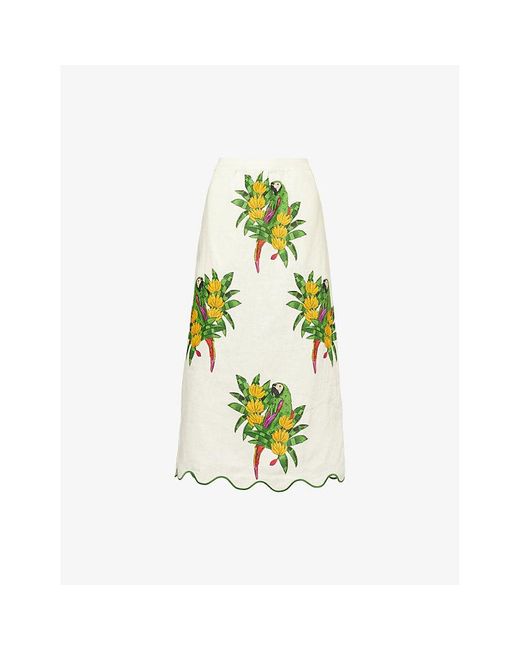 Farm Rio Metallic Graphic-Pattern Scalloped Linen Midi Skirt