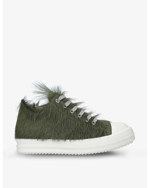 Rick Owens Green Furry Low-Top Calf-Hair Platform Trainers
