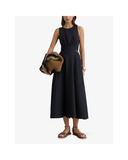 Reiss Blue Hazel Cut-Out Linen And Cotton Midi Dress