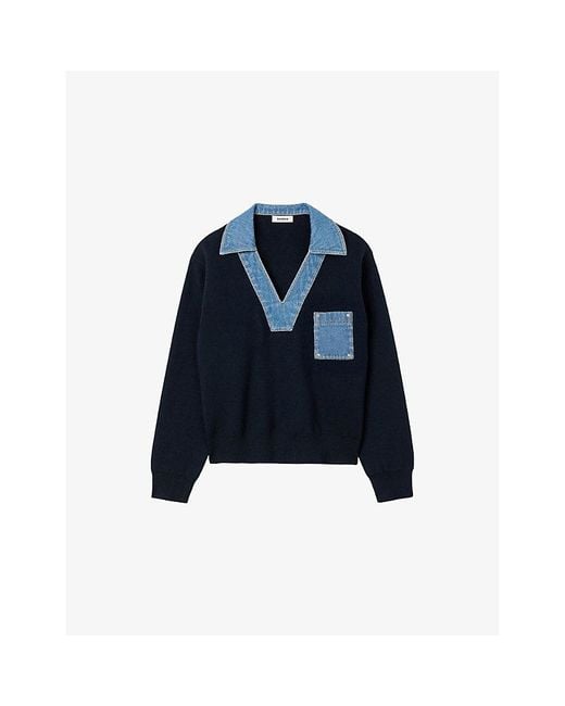 Sandro Blue Denim-Detail Relaxed-Fit Knitted Jumper