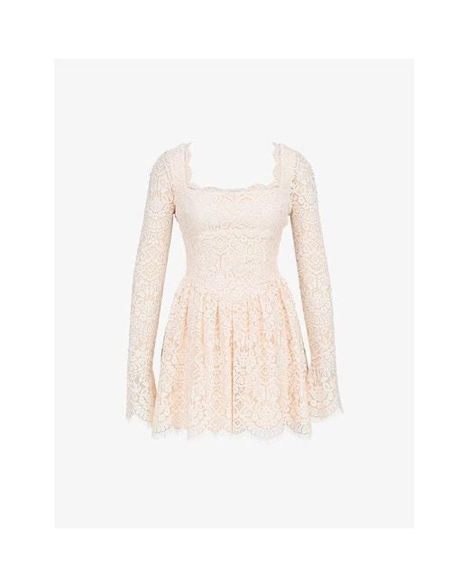 House Of Cb Natural Fae Square-Neck Long-Sleeve Lace Mini Dress